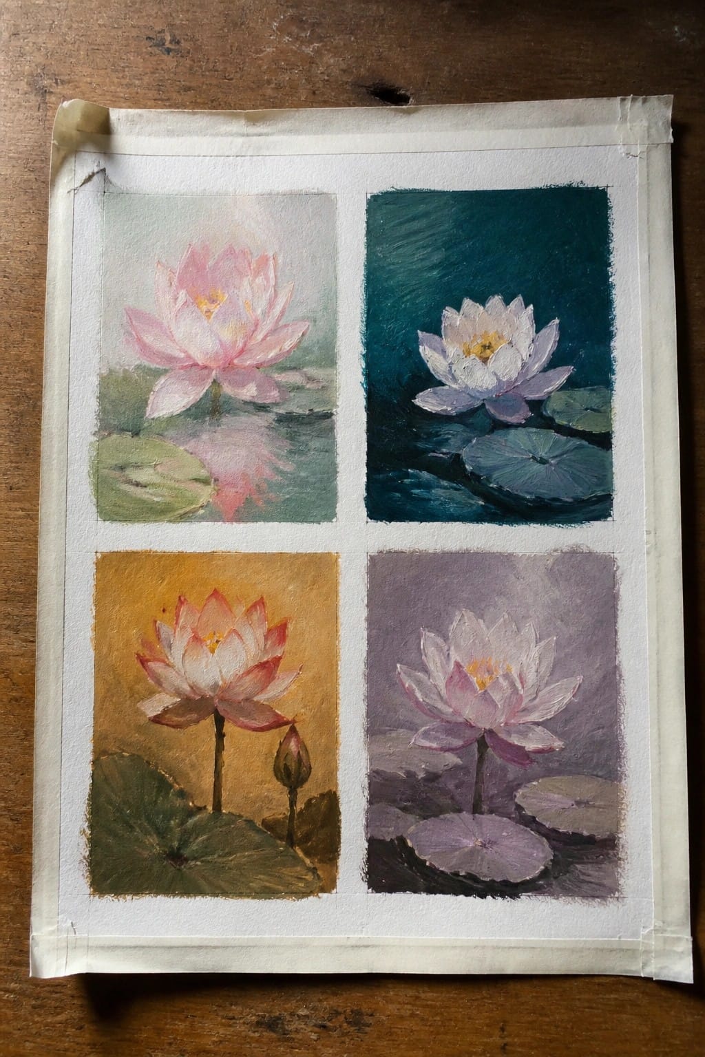 Four lotus flower watercolors in a grid with varied color backgrounds.