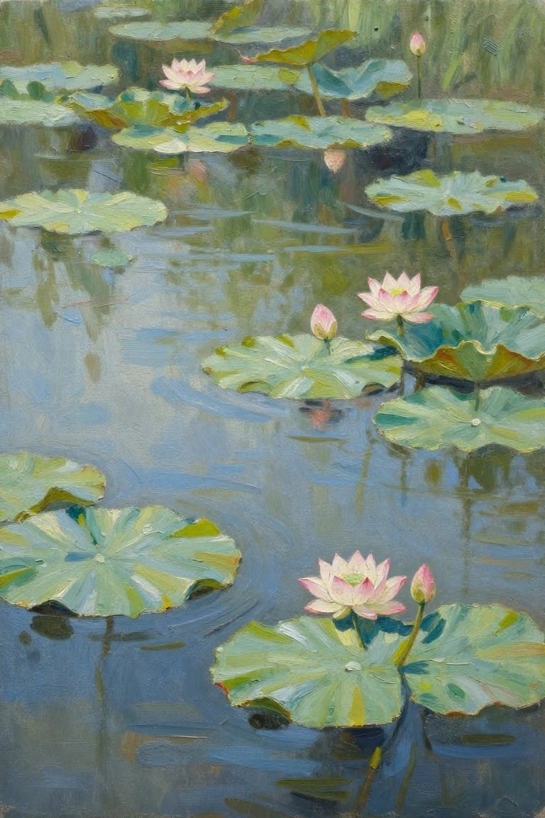 Impressionistic painting of pink water lilies amid green pads on a blue pond.