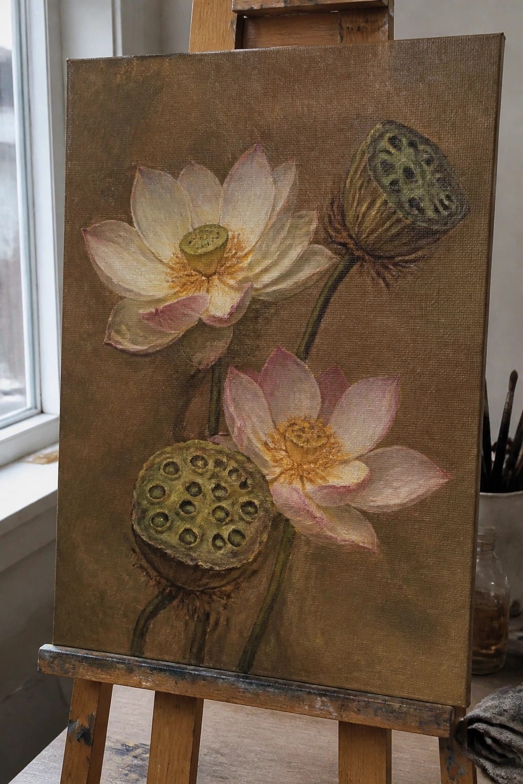 Realistic painting of pink lotus flowers and green seed pods on wooden easel