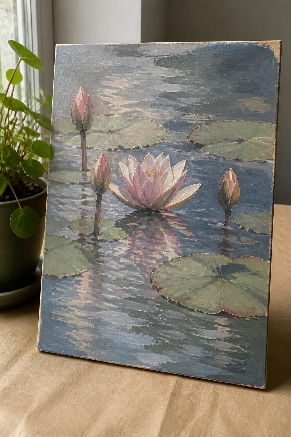 Painting of pink water lilies and green pads on blue rippled water with reflections