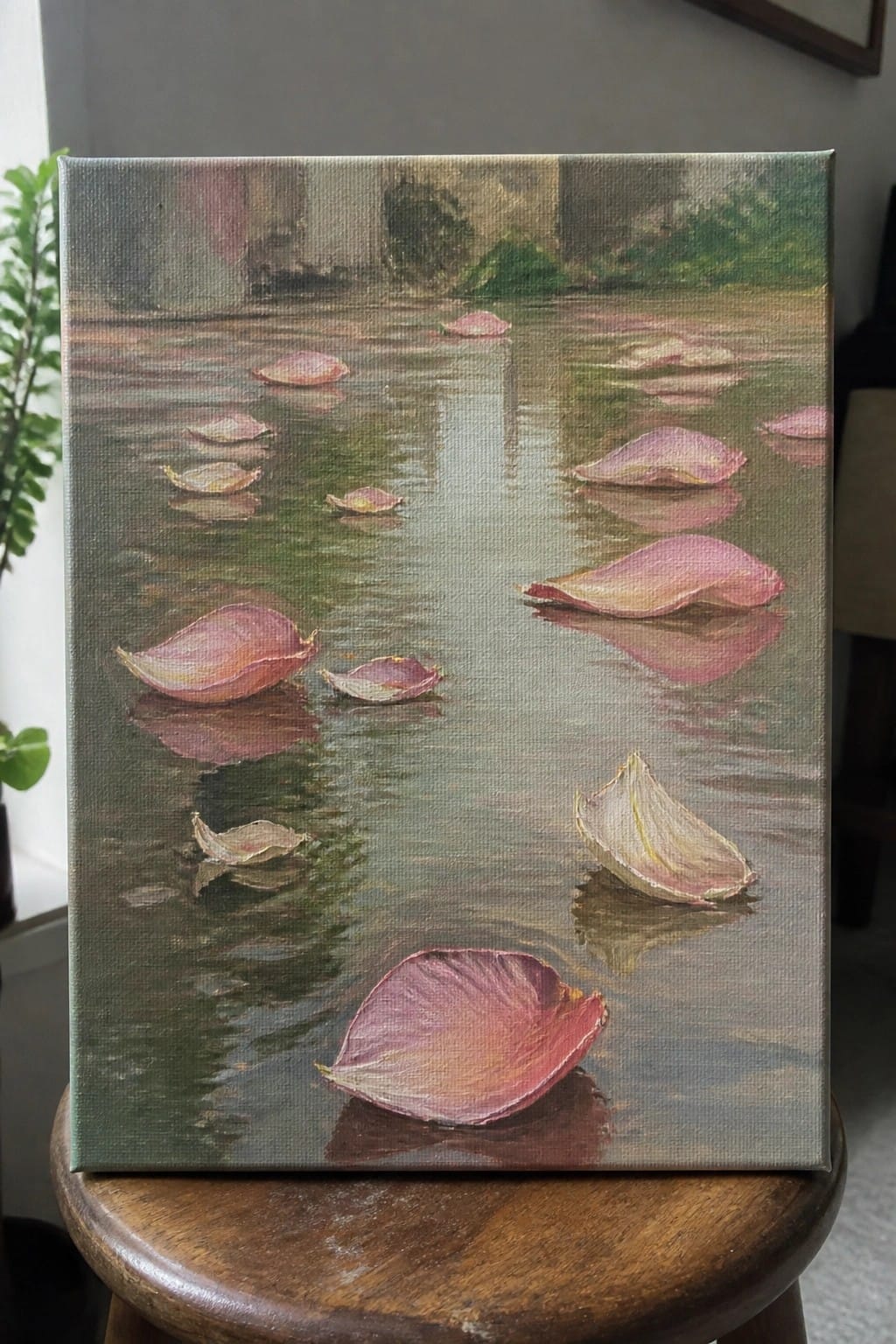 Painting of pink petals floating on calm reflective greenish water on wooden stool.