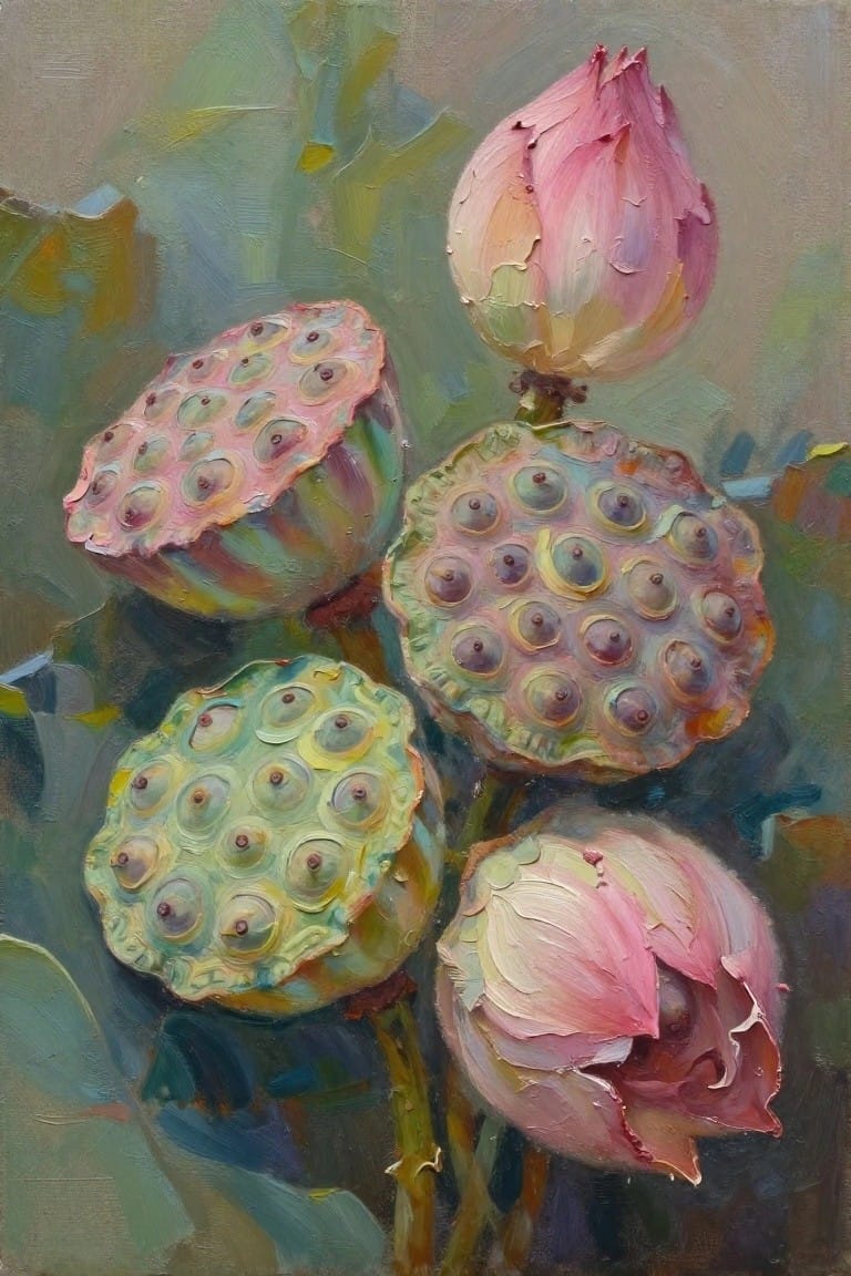 Impressionistic painting of pink lotus buds and colorful seed pods.