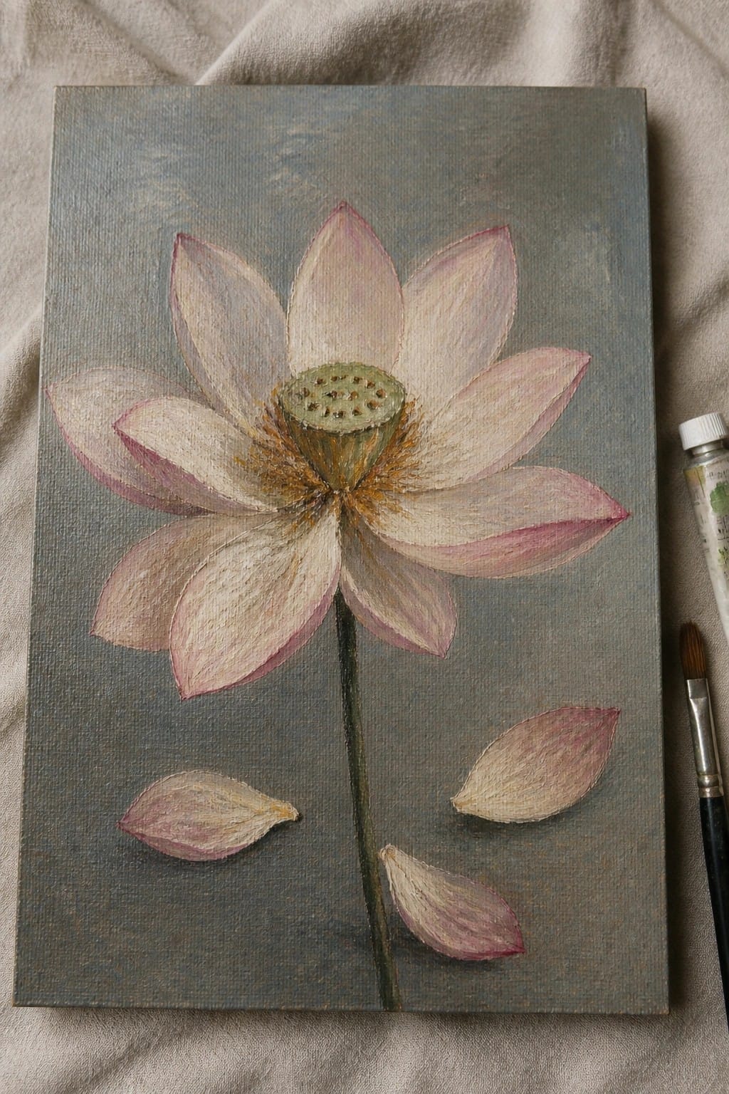 Pink lotus painting on gray canvas with scattered petals, brush, and paint tube.