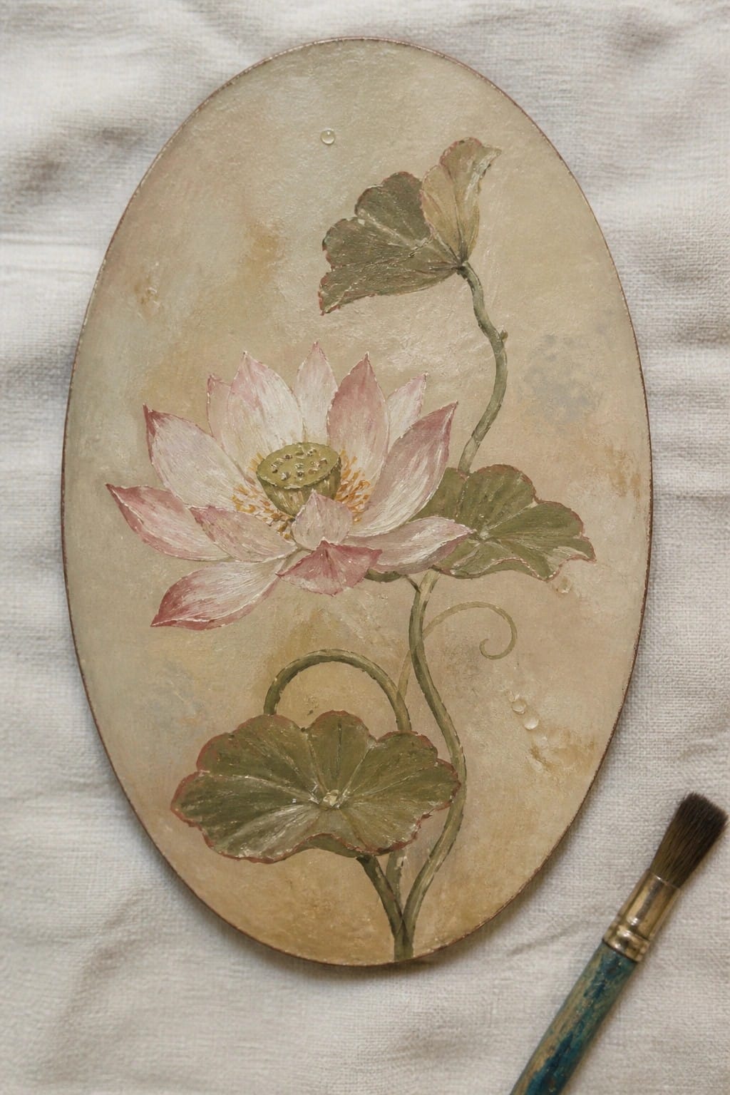 Oval lotus flower painting in pink and green beside paintbrush on white fabric