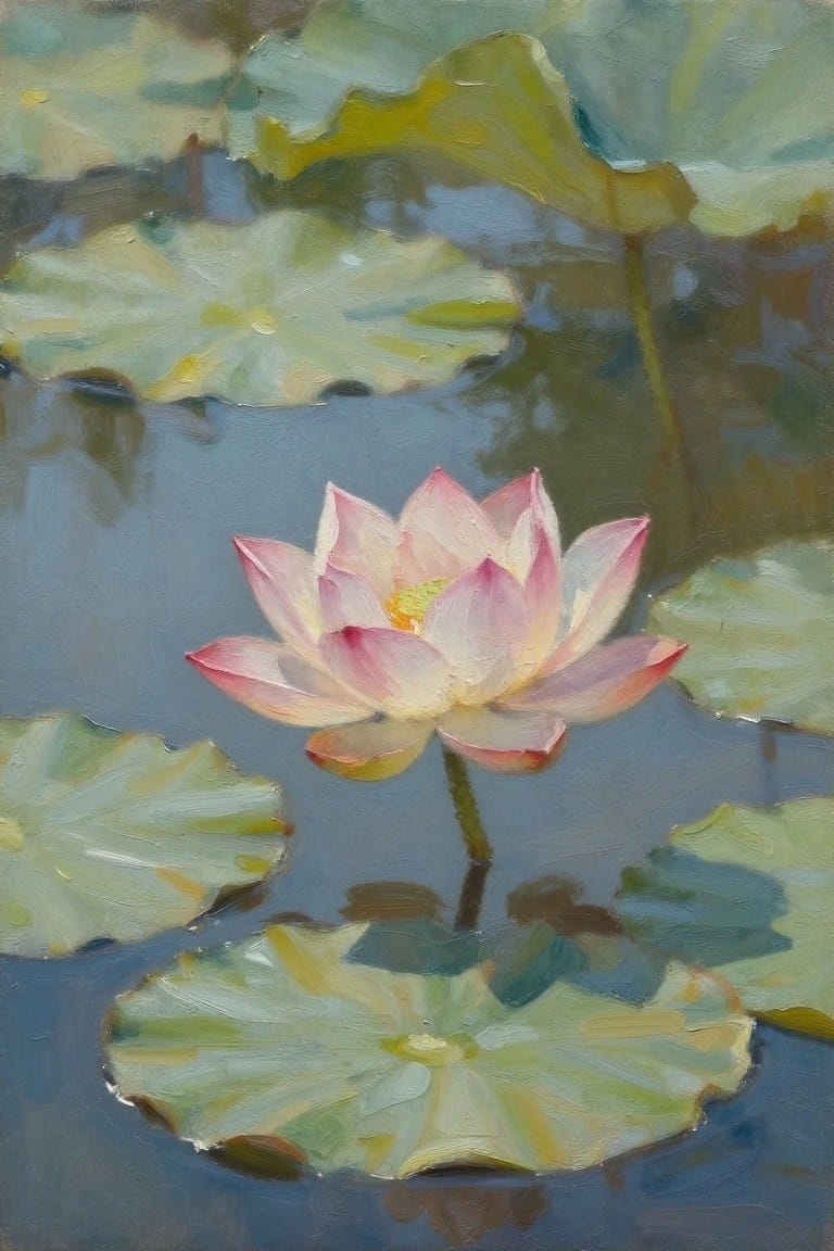 Blooming pink lotus flower amid green lily pads on calm blue water