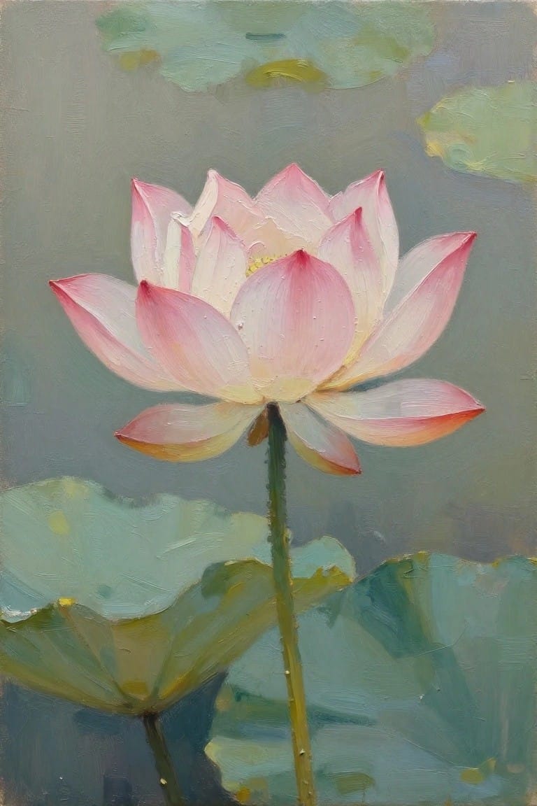 Pink lotus flower with layered petals on stem amid green lily pads.
