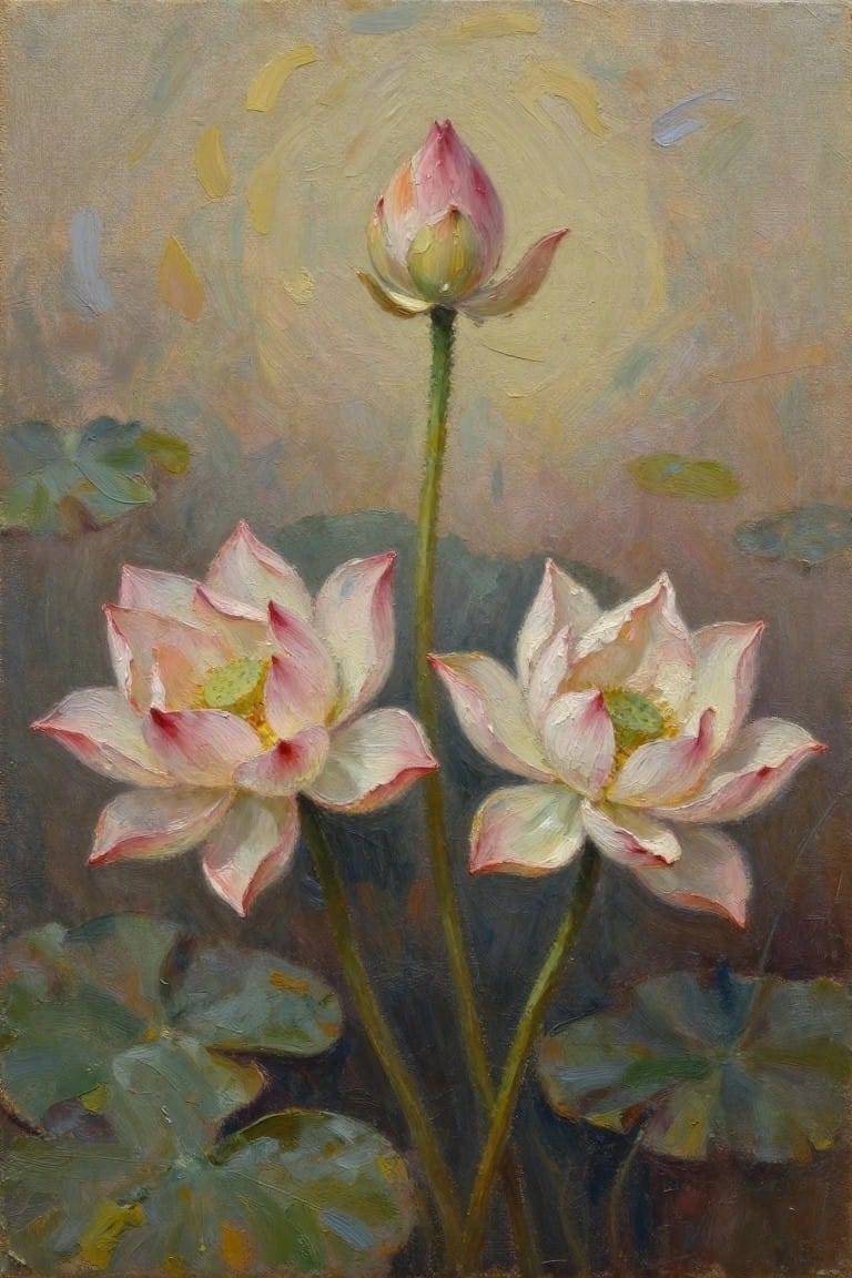 An oil painting showing a tall lotus bud above two open pink and white lotus flowers with green leaves in the background.