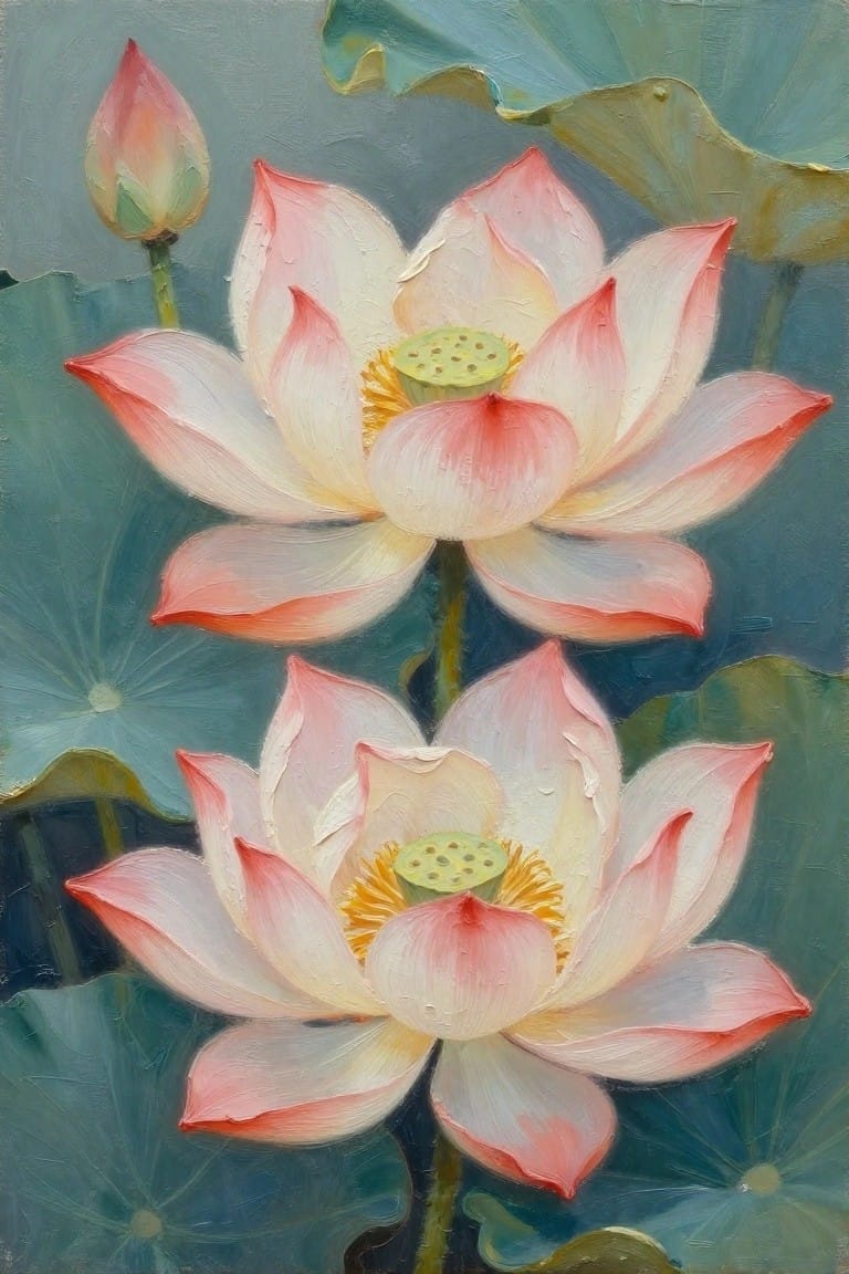 Two blooming pink lotus flowers with seed pods amid green lily pads in oil painting
