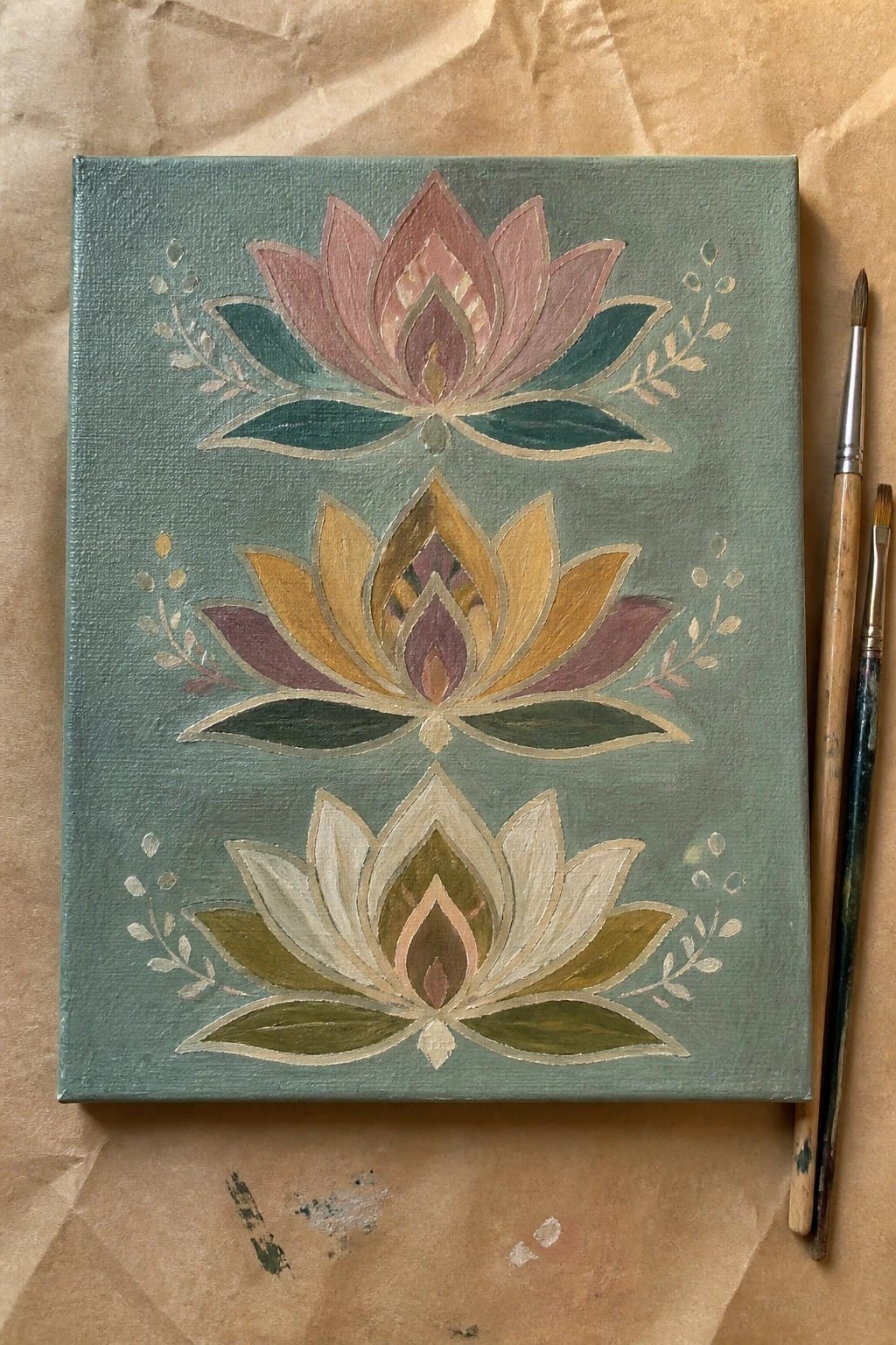 Three stacked lotus flowers in pink, gold, and white on teal canvas beside brushes
