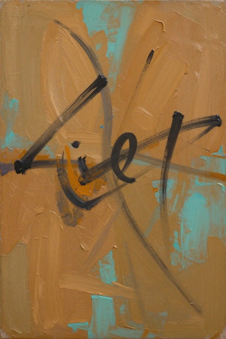 Abstract painting with bold black strokes on textured brown and turquoise background.
