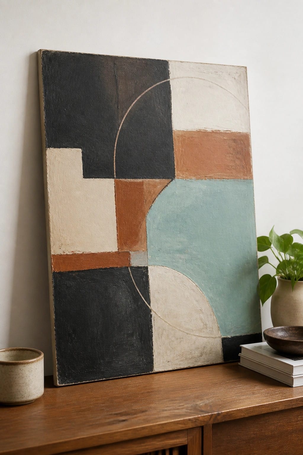 Abstract geometric painting with black, teal, and terracotta shapes beside books and plant.