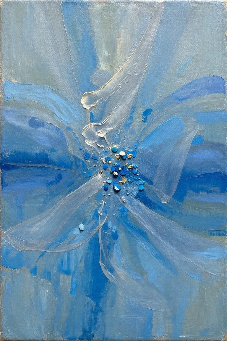 Abstract blue painting with swirling strokes and beaded turquoise-gold center