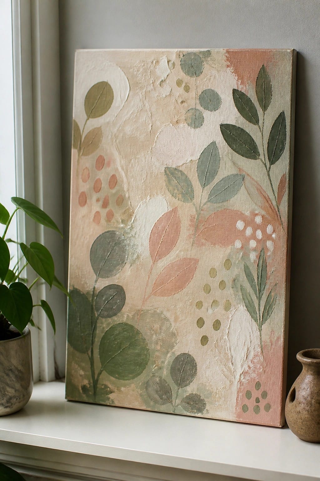 Abstract botanical painting with leaves and dots on windowsill beside potted plant and vase