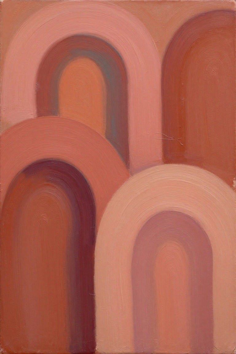 Abstract composition of overlapping arches in warm pink, coral, and orange tones.