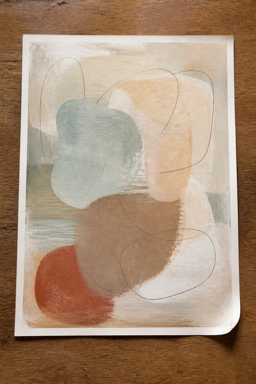 Abstract painting with overlapping organic shapes in muted teal, brown, and beige.