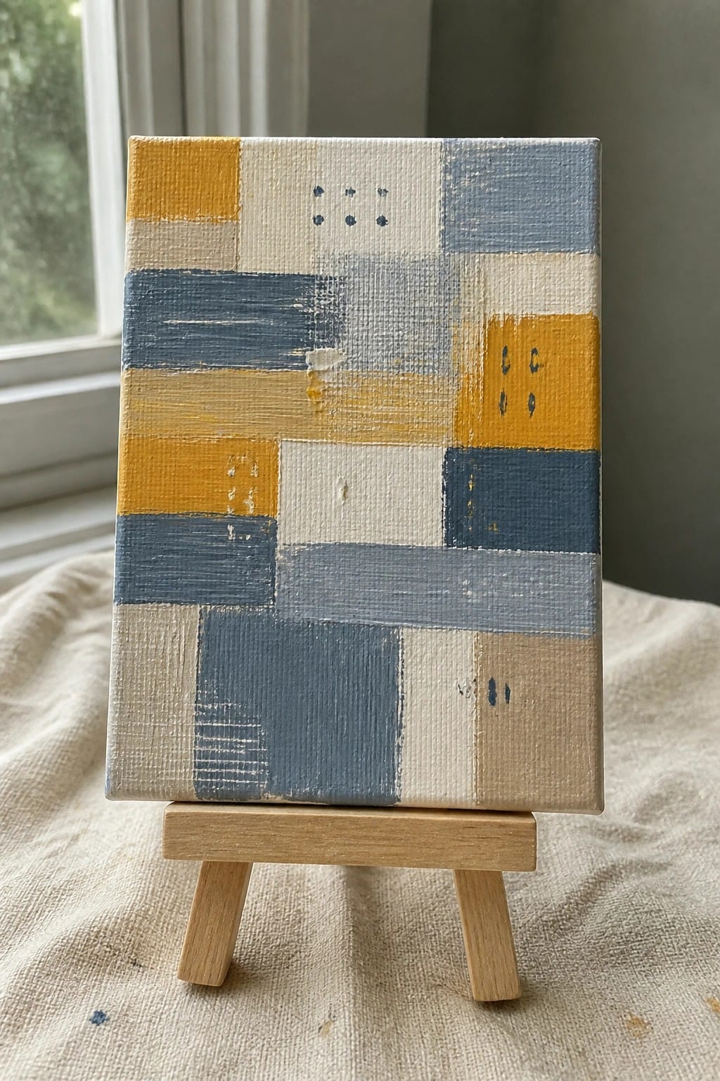 A small square canvas with an abstract arrangement of blue, yellow, white, and beige rectangular blocks and scattered blue dots, displayed on a wooden easel.
