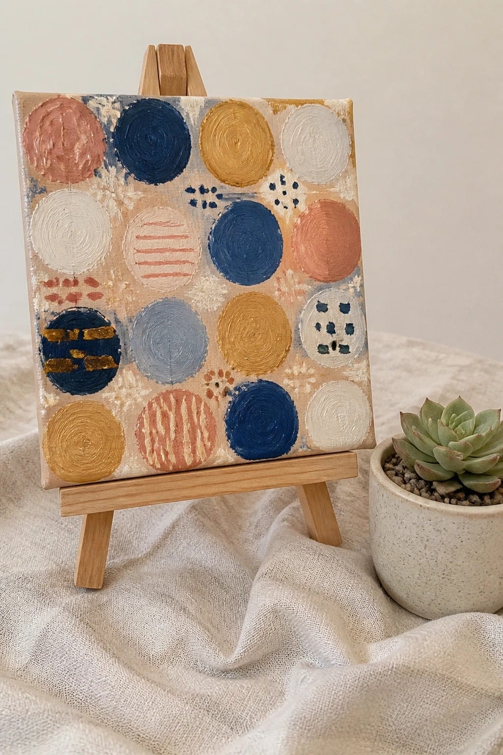 Abstract colorful circle painting on wooden easel beside potted succulent on cloth