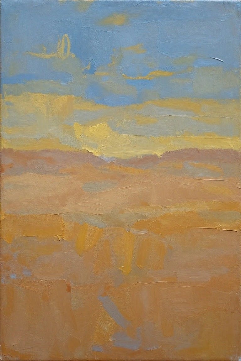 Abstract landscape painting of sunset with blue sky over orange fields.