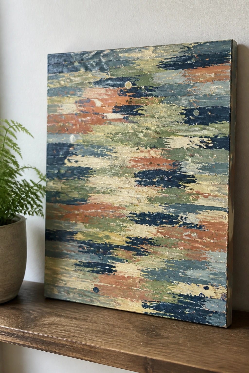 Abstract painting with colorful horizontal brushstrokes on wooden shelf beside potted fern