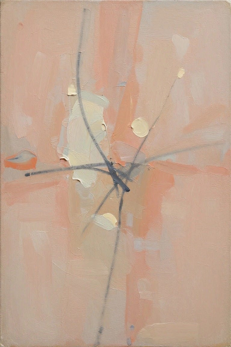 An abstract oil painting with intersecting dark lines on a soft peach and beige background, scattered pale shapes, and small yellow accents.