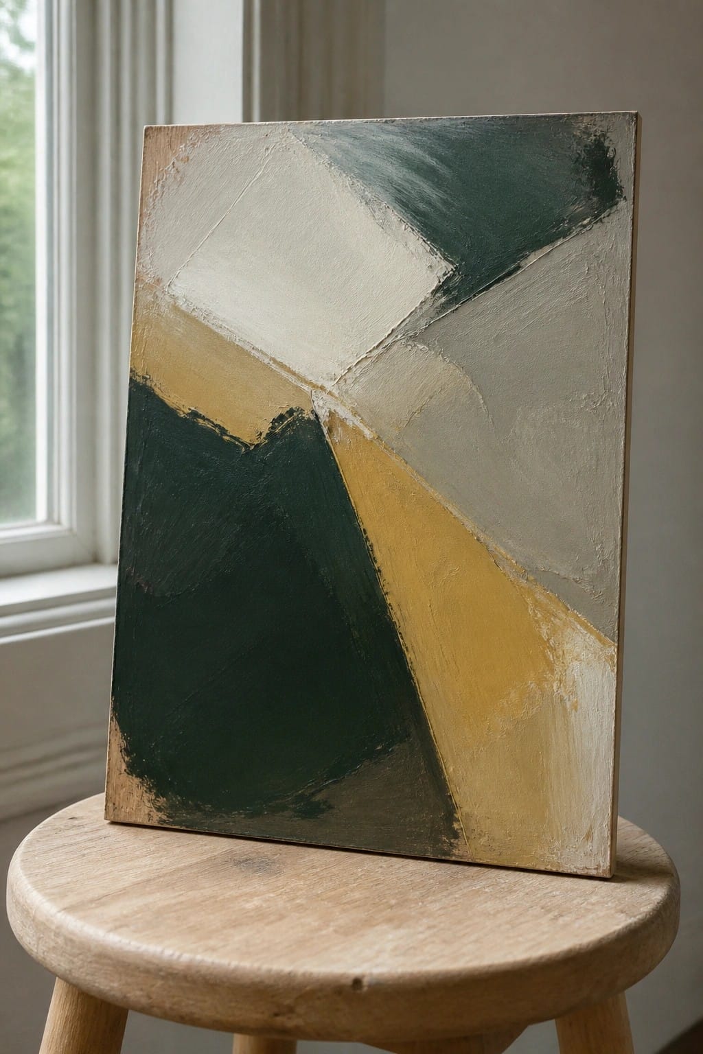 Abstract painting with green, yellow, white, and gray geometric shapes on wooden stool