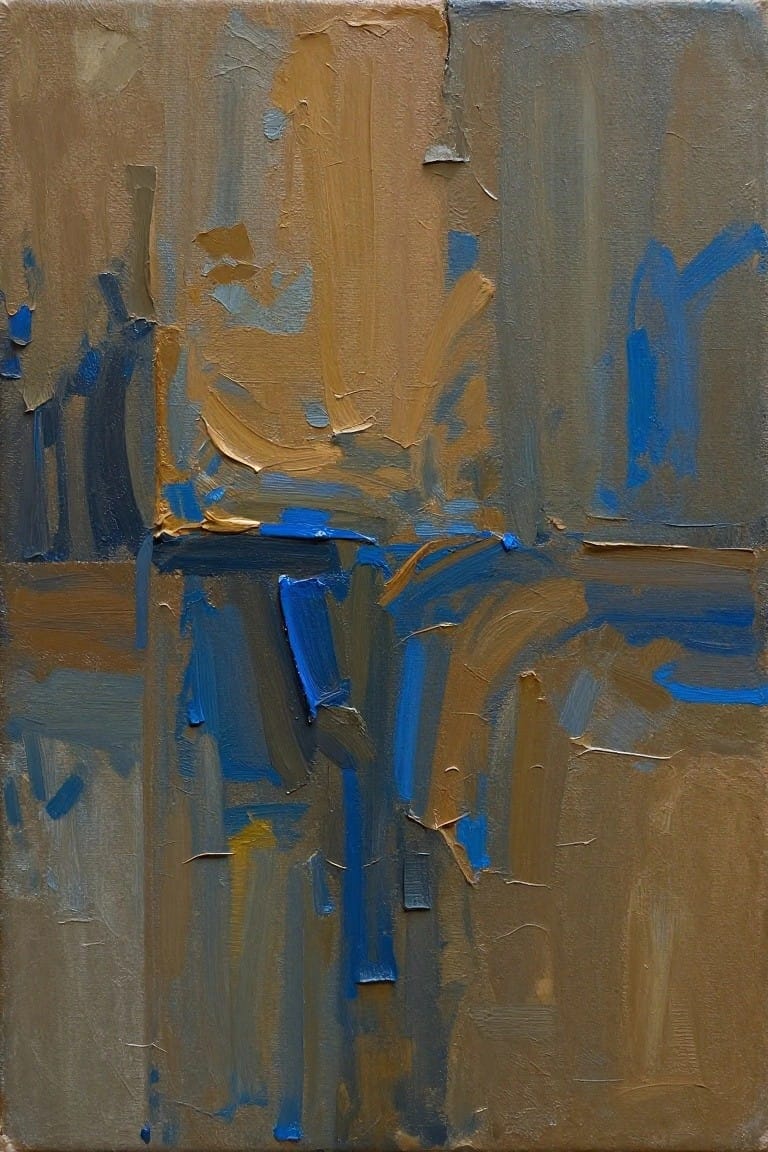 Abstract painting with thick overlapping brown blue and gray brushstrokes