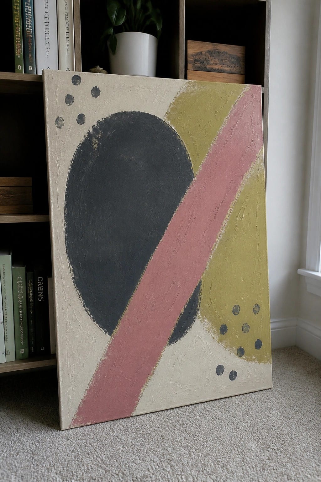 Abstract painting with black circle, pink stripe, yellow shapes leaning against bookshelf.