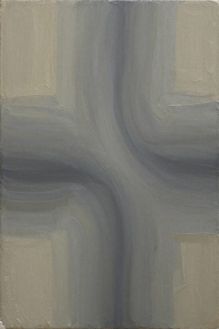 Abstract painting with intersecting curved shapes in muted grays and beige