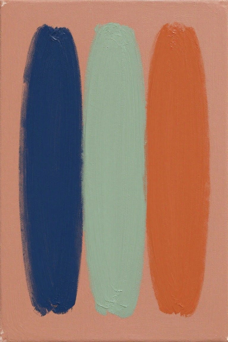 Three thick vertical brushstrokes in dark blue, light green, and orange on a peach background.