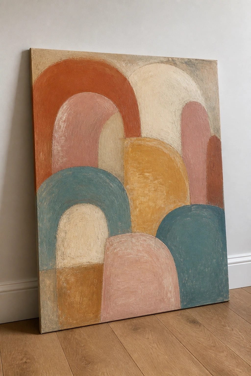 Abstract painting with overlapping arches in orange, pink, teal, and yellow leaning on floor.