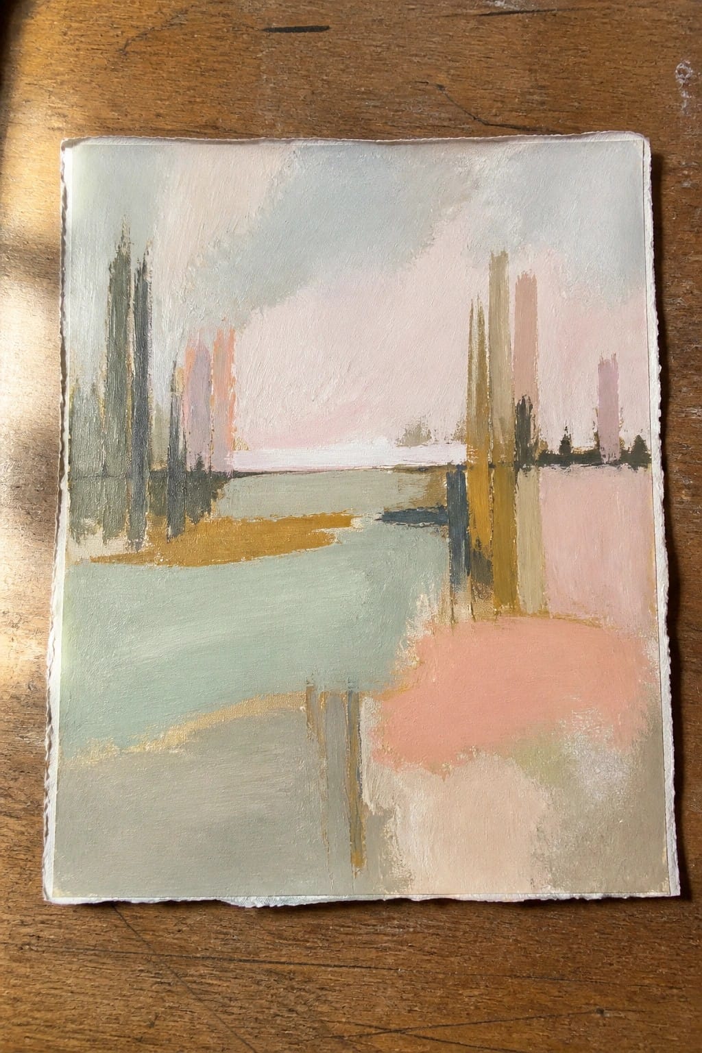 Small abstract oil painting on paper with vertical strokes in green, pink, and gold over soft horizontal layers of blue-green and peach.