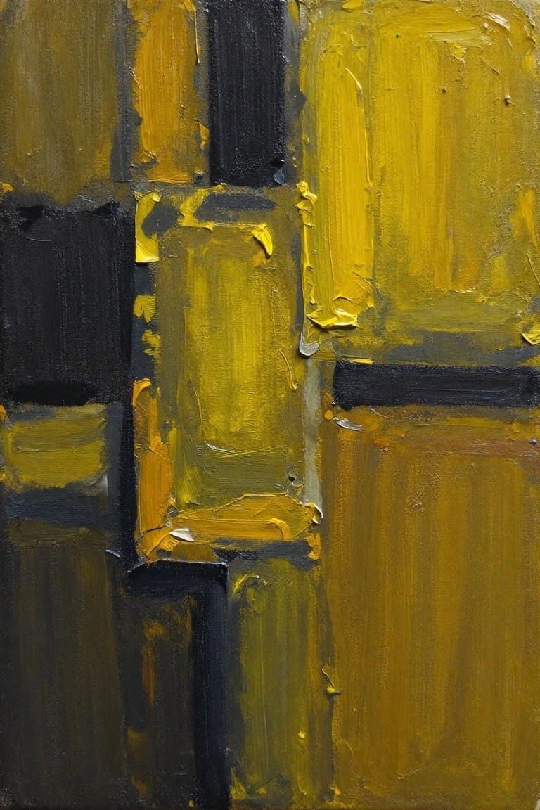 Abstract painting of thick yellow, gold, and black rectangular brushstrokes with heavy impasto texture.