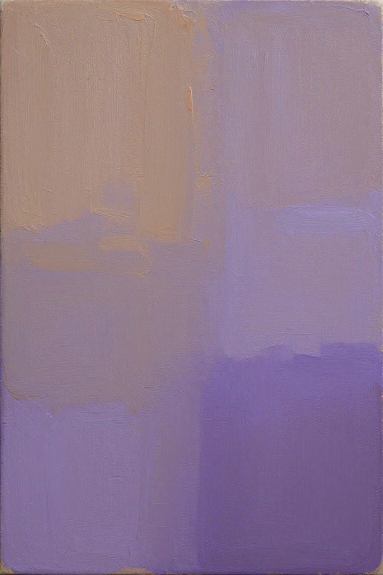 Abstract painting with overlapping beige and purple rectangular color fields and brushstrokes.