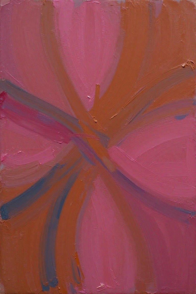 Abstract painting of flower with thick pink, orange, and blue brushstrokes radiating from center.