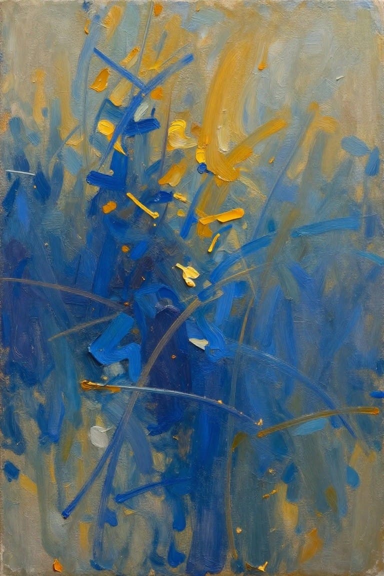 Abstract painting with bold blue brushstrokes, yellow accents on muted gray background