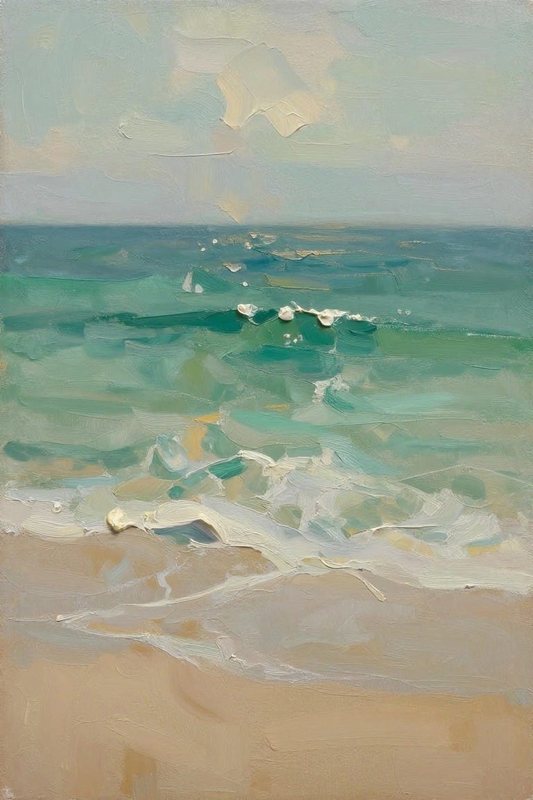 Impressionistic oil painting of turquoise waves crashing with white foam onto sandy beach.