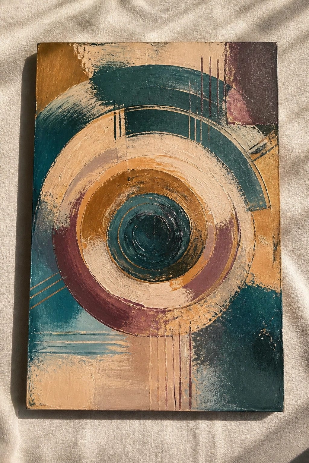 Abstract painting with concentric circles in teal, brown, beige, and maroon tones.