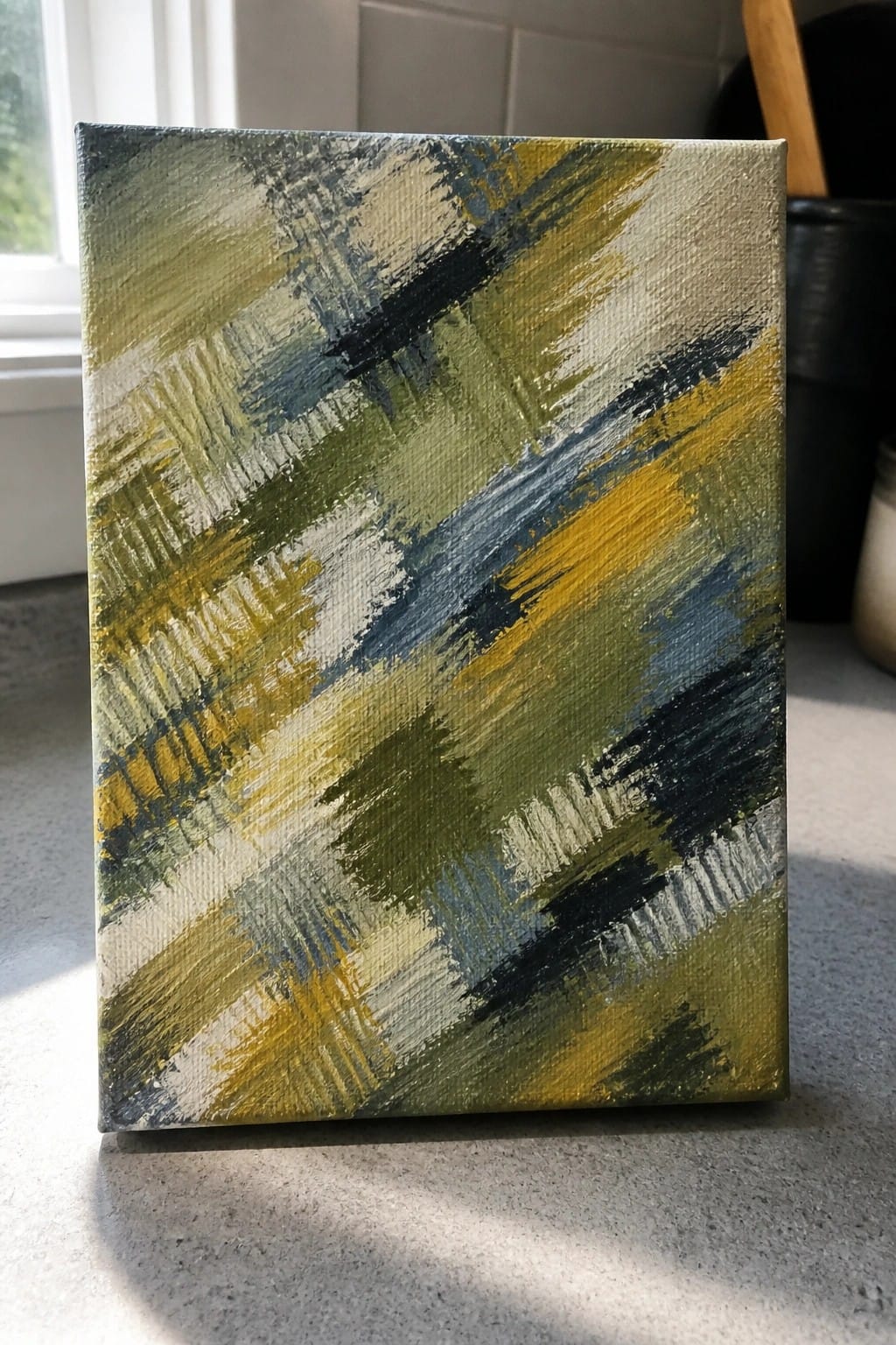 Abstract painting with yellow, green, blue, and black diagonal brushstrokes on a canvas countertop.