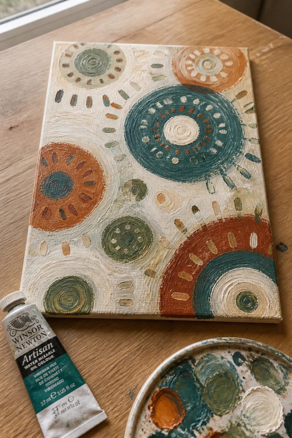 Abstract canvas with teal orange circles beside paint tube and palette on wood