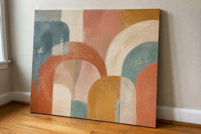 20 Hand Painted Abstract Oil Paintings to Elevate Office and Home Decor Abstract painting with overlapping arches in orange, pink, teal, and yellow leaning on floor.