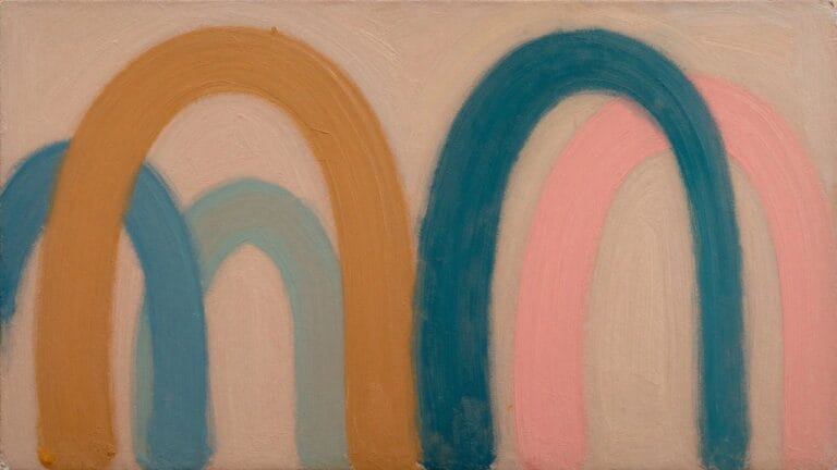 Abstract composition of overlapping arches in warm pink, coral, and orange tones.