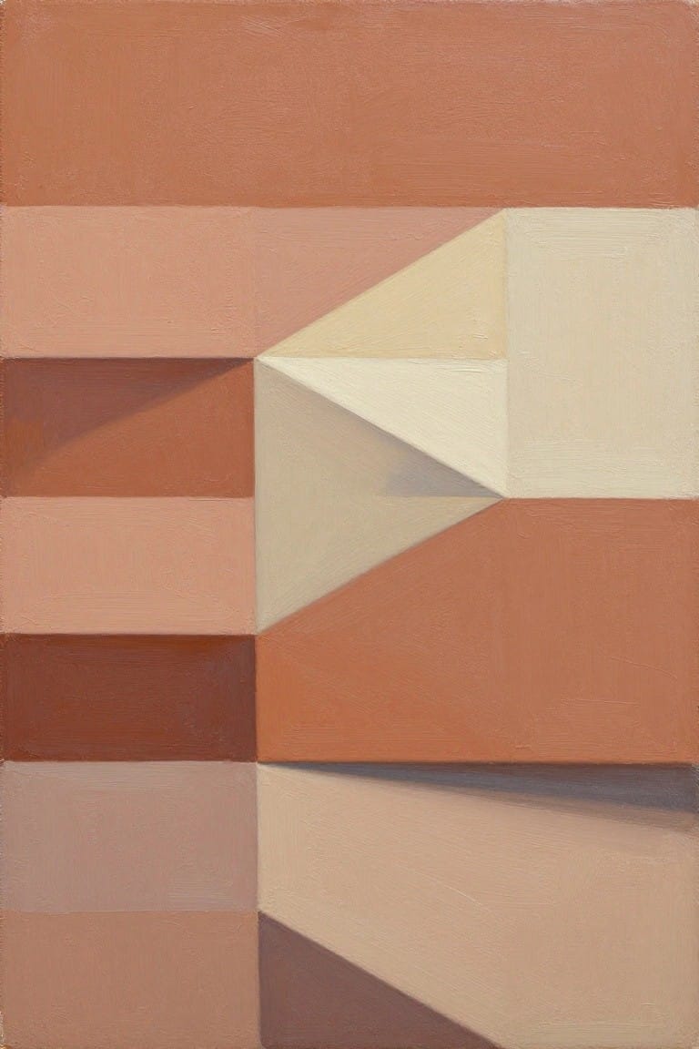 Abstract geometric painting of triangles and rectangles in warm orange and beige tones.