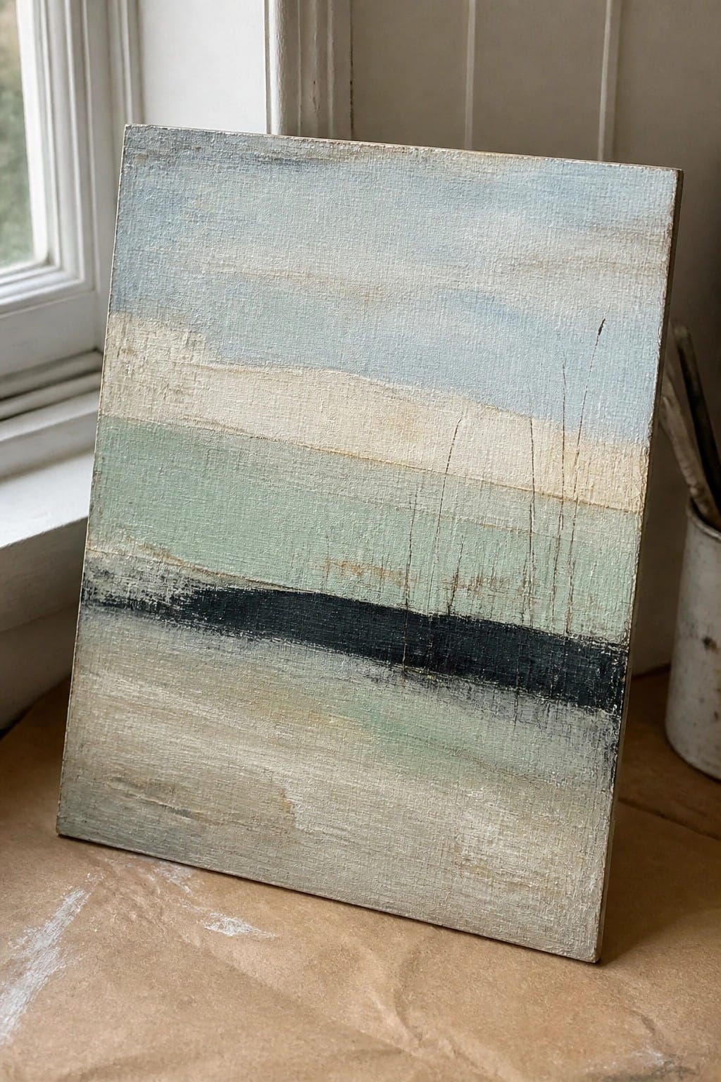 Abstract painting with horizontal blue, green, beige and black stripes leaning on windowsill.