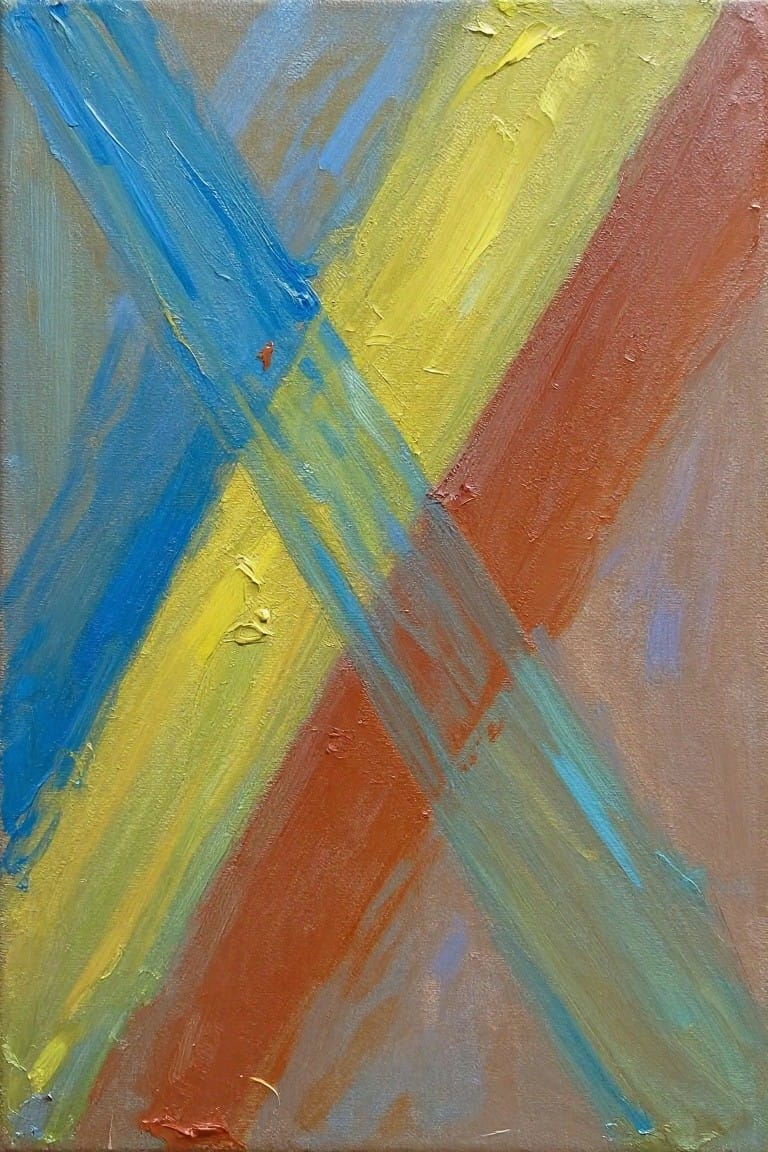 An abstract oil painting with thick diagonal brushstrokes in blue, yellow, red-orange, and muted tones crossing over a neutral background.
