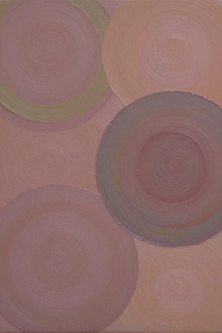 Abstract painting of overlapping concentric circles in soft pink and brown tones.