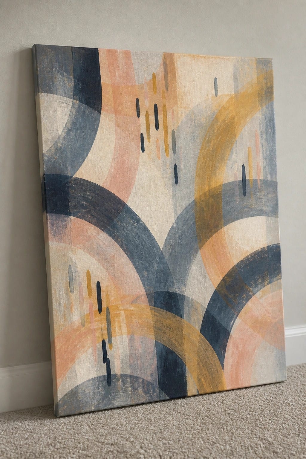 Abstract canvas with blue curves, peach arcs, yellow dashes propped against wall on carpet.