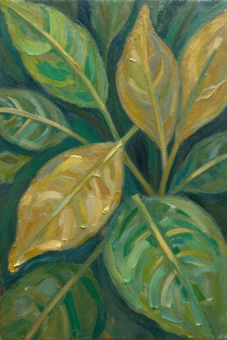Textured painting of overlapping green and golden leaves with water droplets.