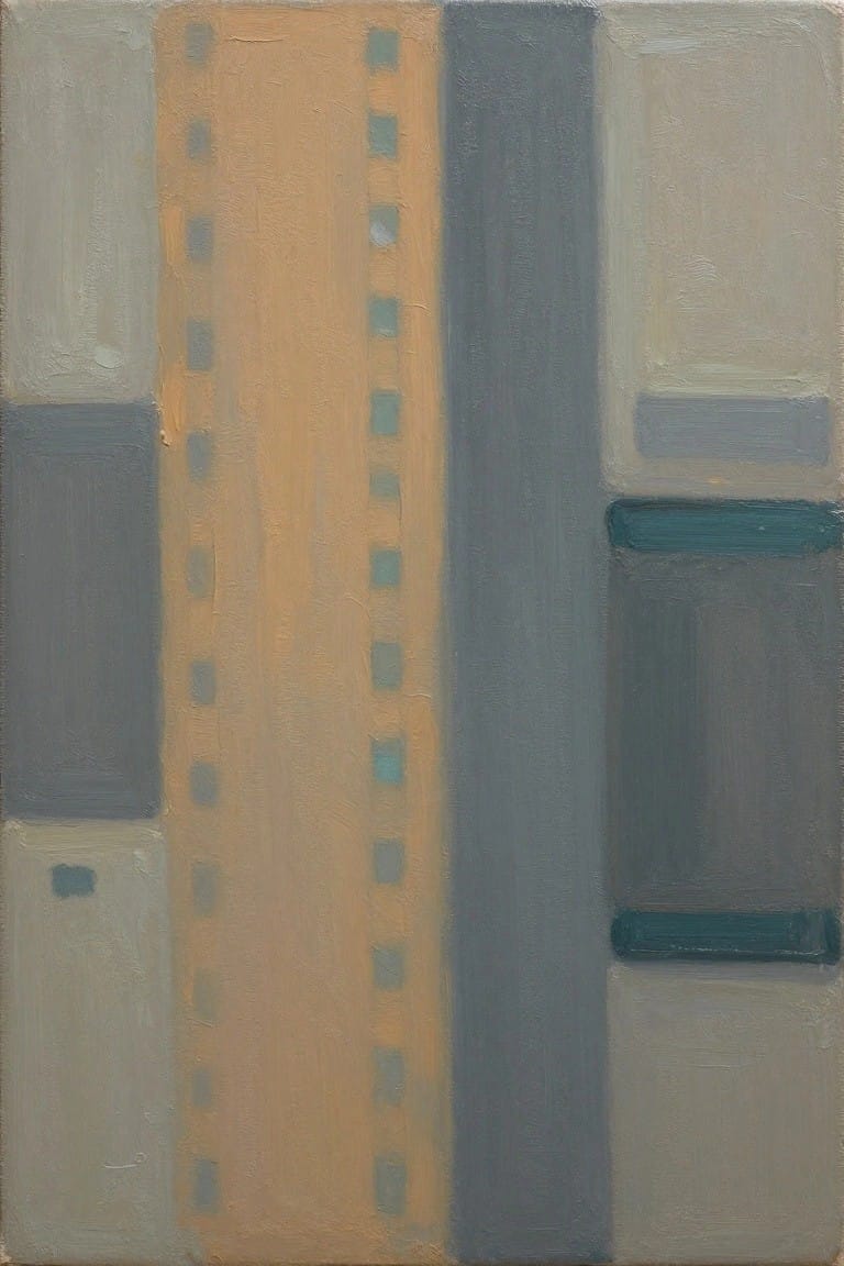 Abstract geometric painting with vertical orange band amid gray and beige blocks