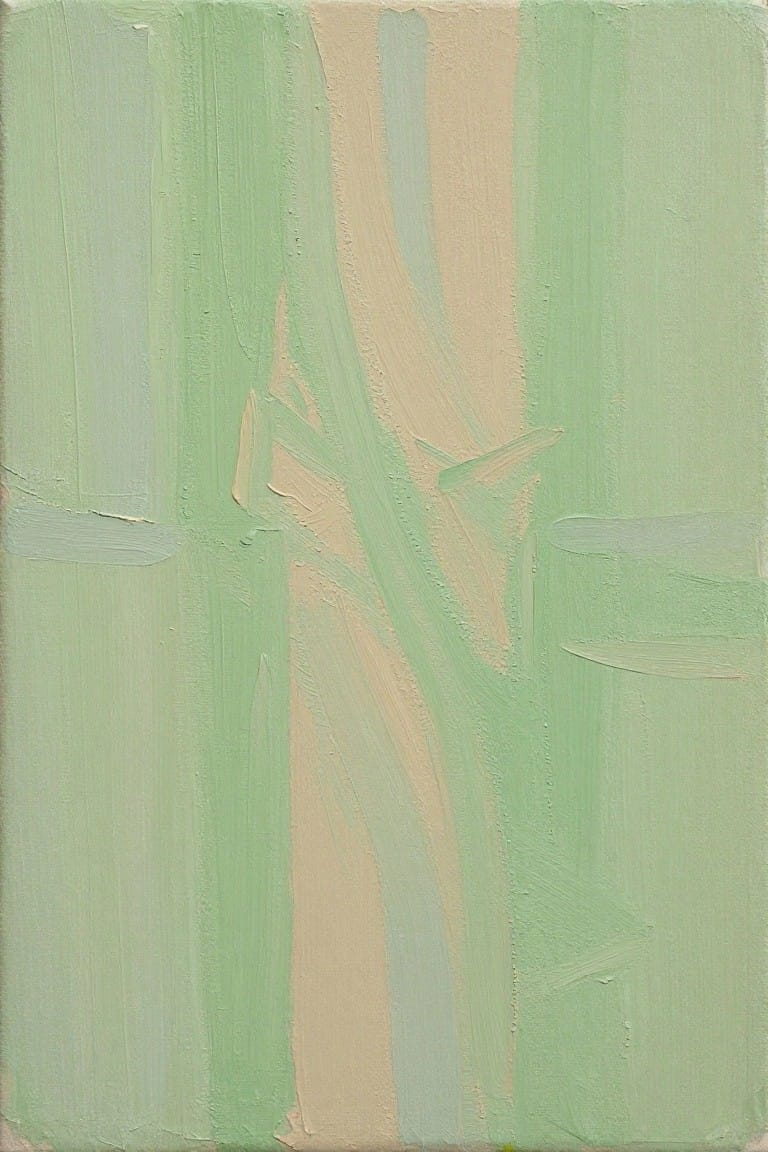 An abstract oil painting with vertical brush strokes in shades of green, beige, and light blue on a canvas.