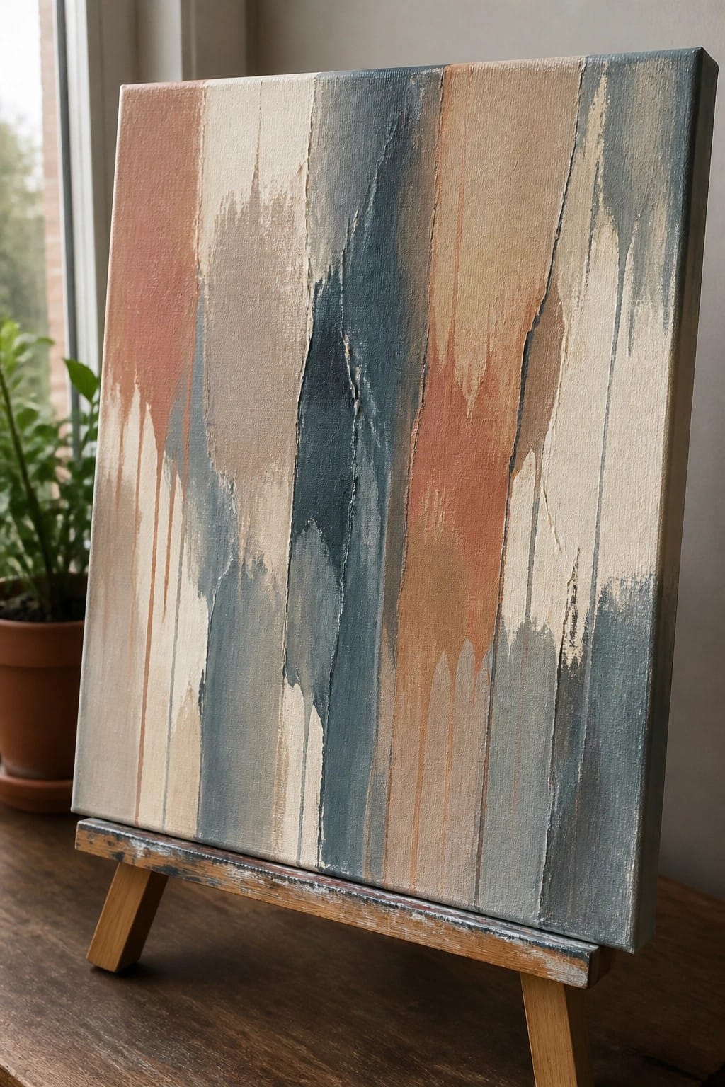 Abstract painting with vertical drips in blue, peach, and beige tones on wooden easel